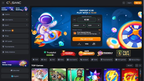 Homepage desktop di Cosmic Slot con bonus di primo deposito e lobby dei giochi